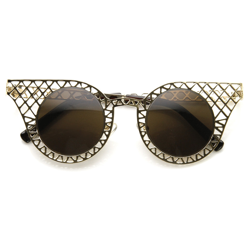 Women's Indie Round Cat Eye Laser Cut Metal Sunglasses 9315
