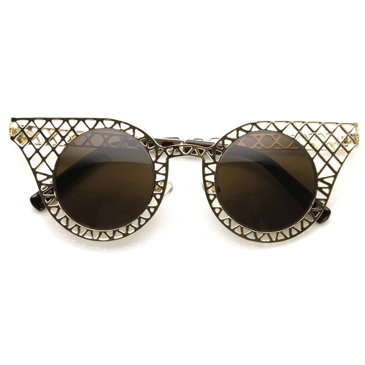 Women's Indie Round Cat Eye Laser Cut Metal Sunglasses 9315