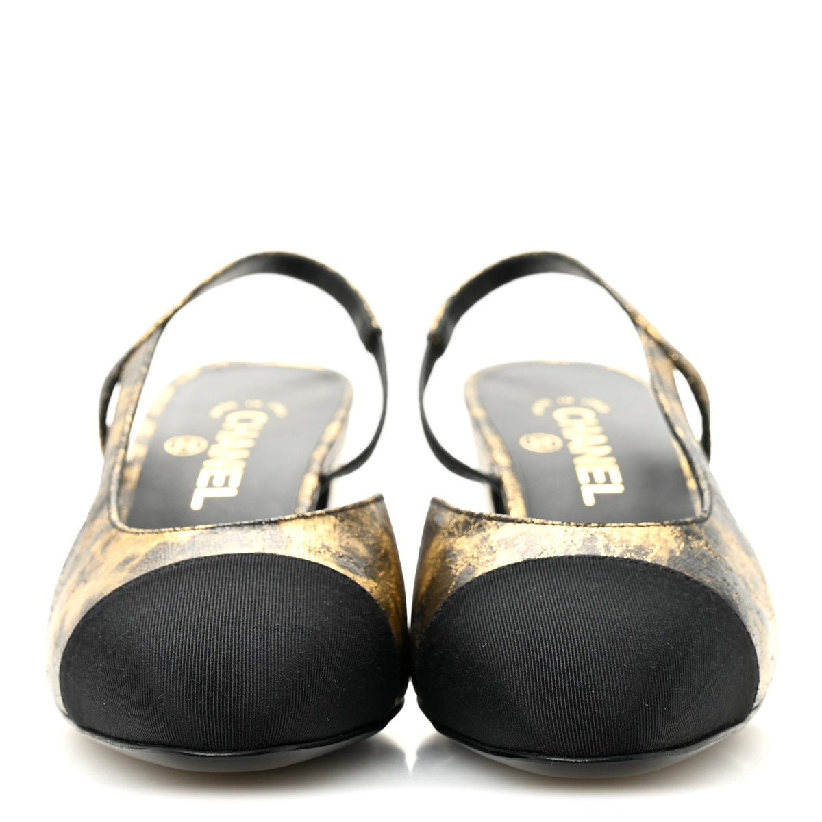 Laminated Lambskin Grosgrain Cap Toe CC Slingback Pumps 38 Gold Black