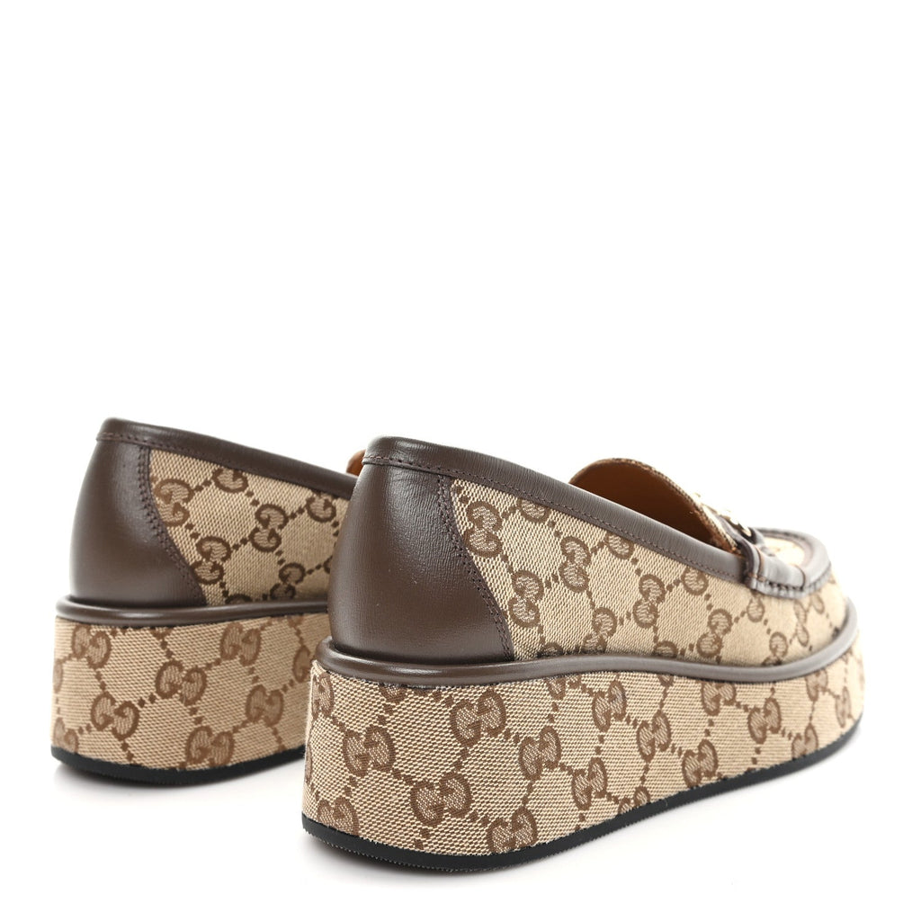 Monogram Horsebit Calfskin Womens Horsebit Wedge Platform Loafers 35.5 Beige Ebony