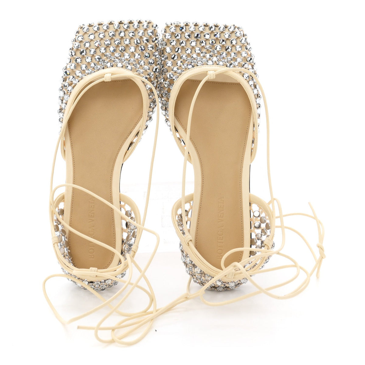 Mesh Nappa Crystal Embellished Sparkle Stretch Ankle Tie Flats 38 Black