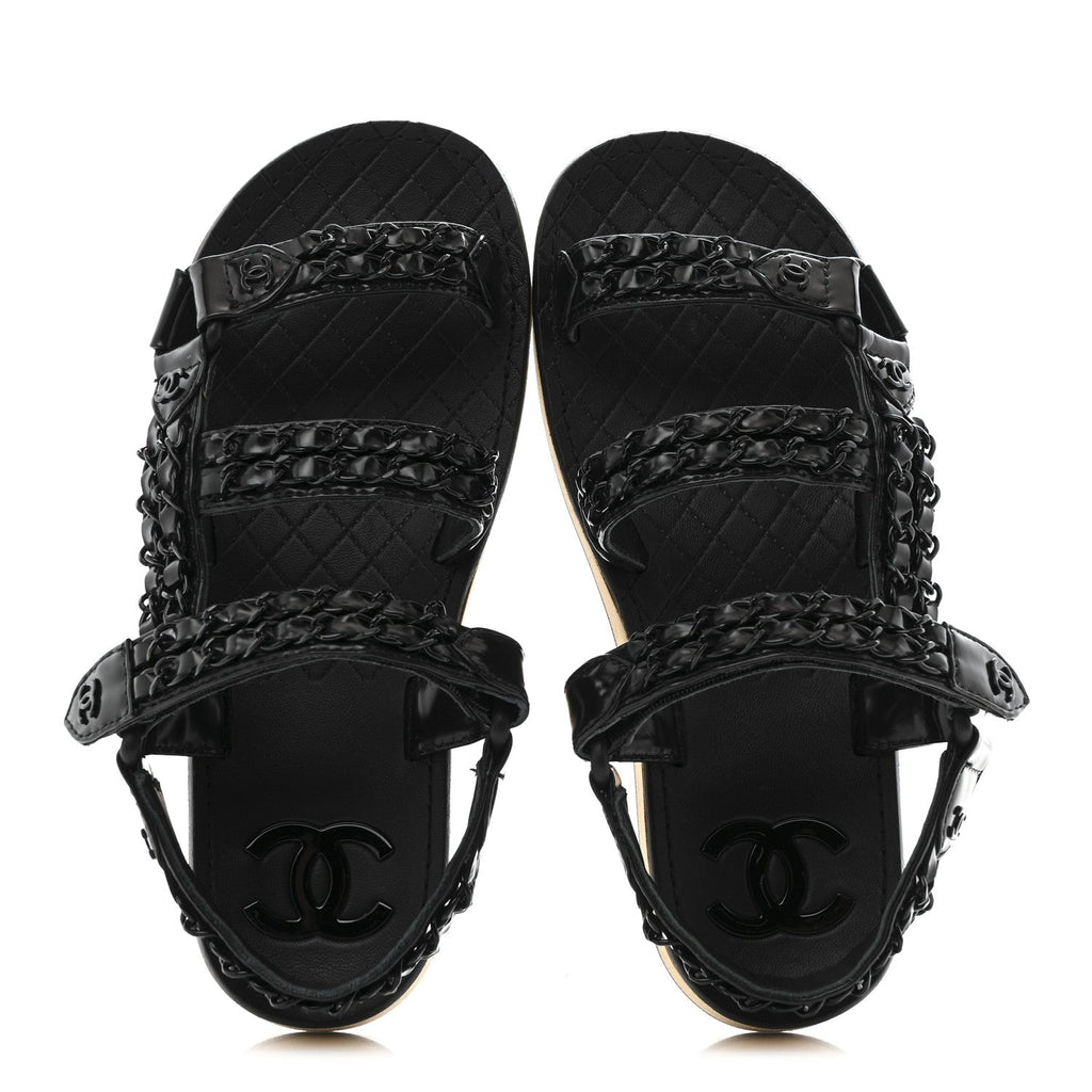 Laminated Goatskin Chain Sandals 35 Black