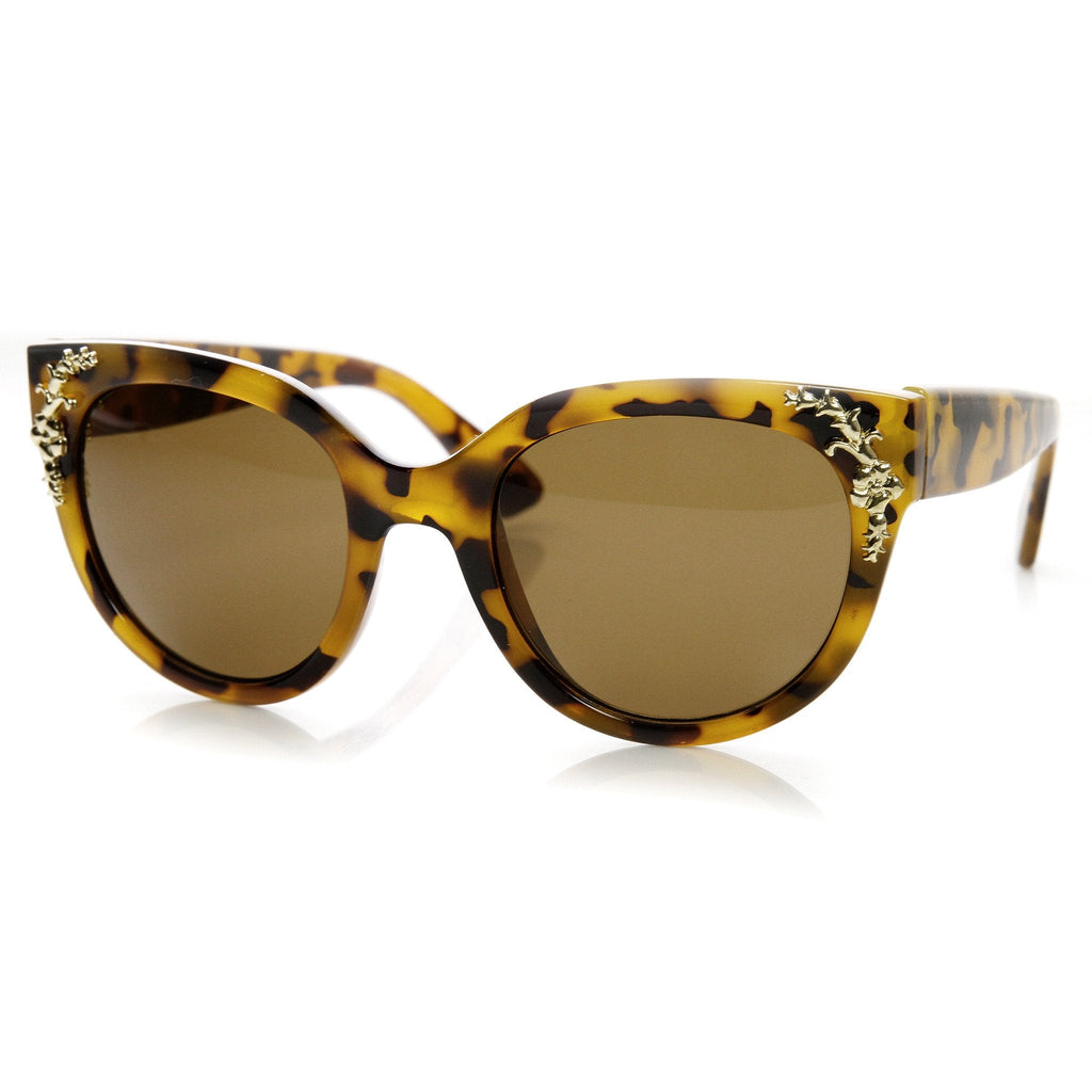 Womens Retro Oversize Flower Adorned Cat Eye Sunglasses 9320