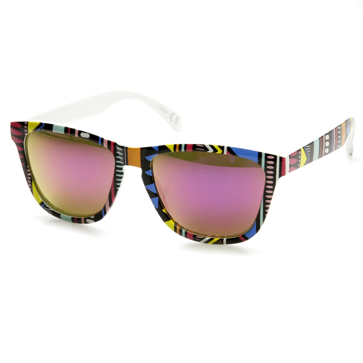 Indie Native Print Flash Mirrored Lens Horned Rim Sunglasses 9378