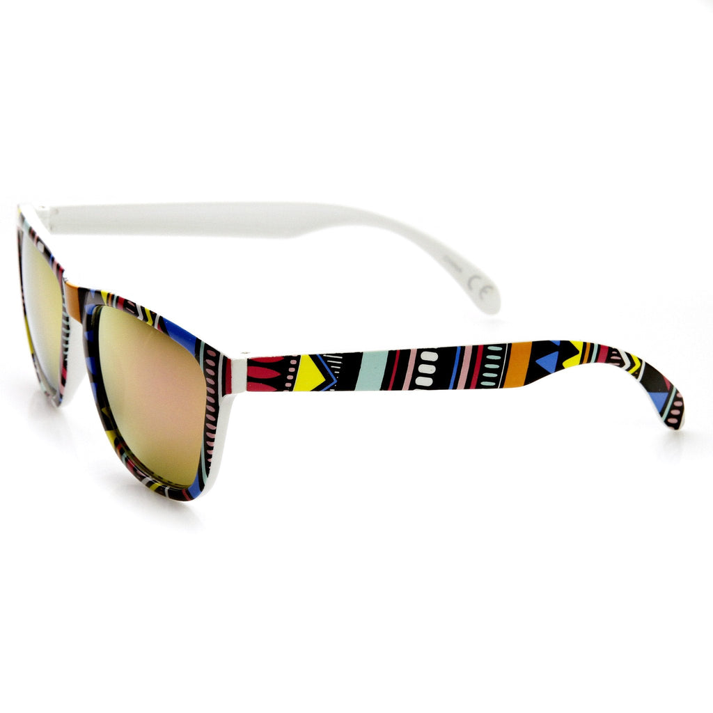 Indie Native Print Flash Mirrored Lens Horned Rim Sunglasses 9378