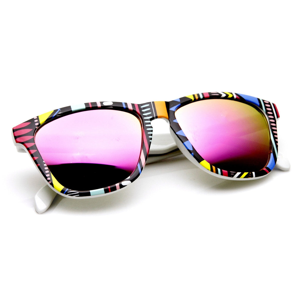 Indie Native Print Flash Mirrored Lens Horned Rim Sunglasses 9378