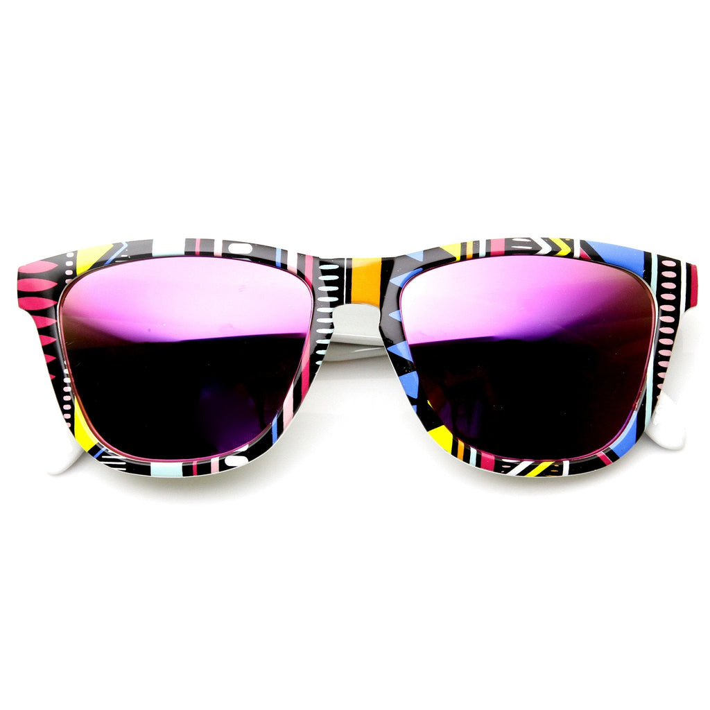 Indie Native Print Flash Mirrored Lens Horned Rim Sunglasses 9378