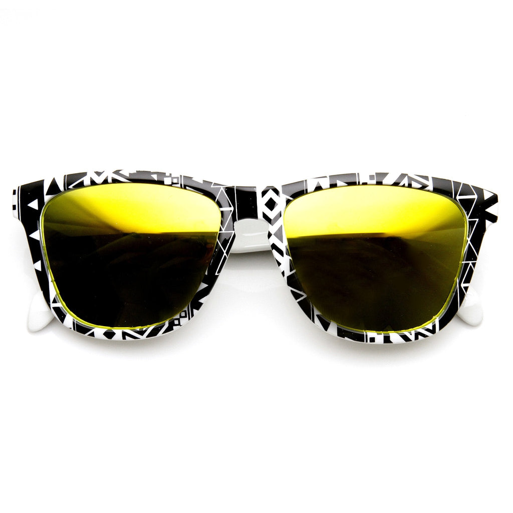Indie Native Print Flash Mirrored Lens Horned Rim Sunglasses 9378