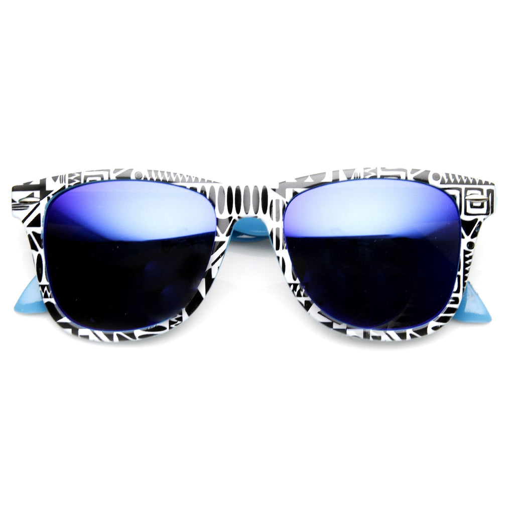 Native Print Two Tone Mirror Lens Horned Rim Sunglasses 9381