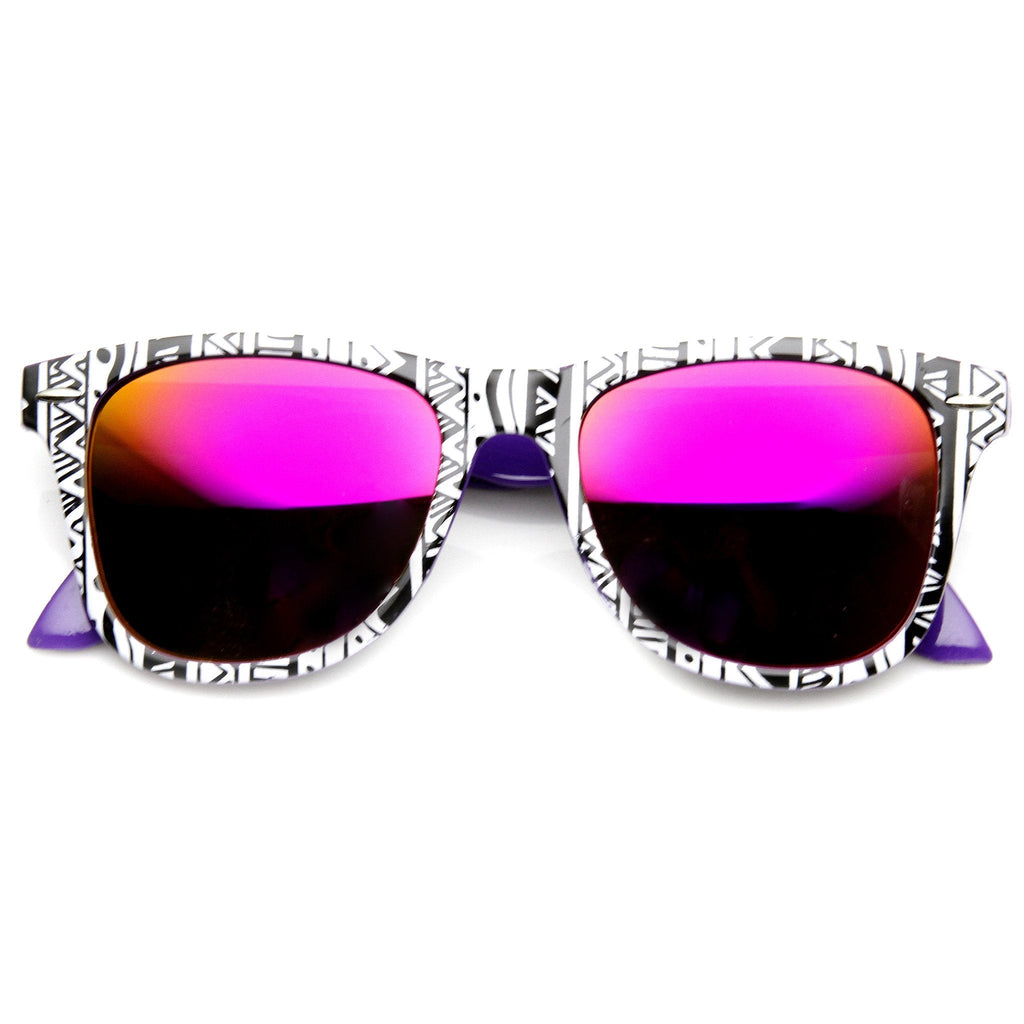 Native Print Two Tone Mirror Lens Horned Rim Sunglasses 9381