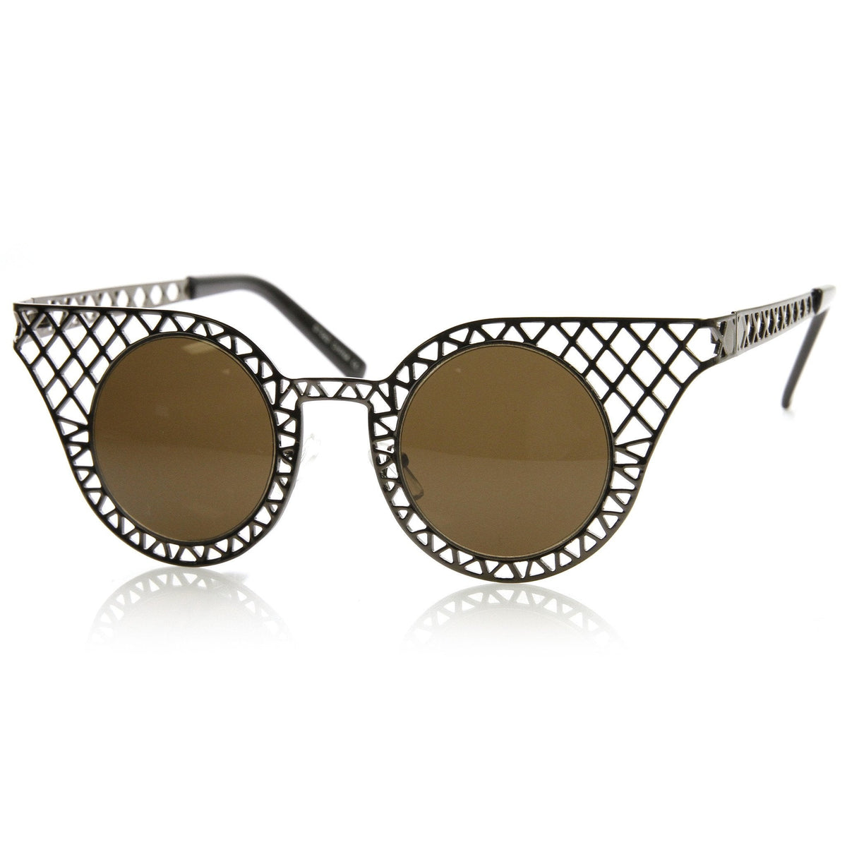 Women's Indie Round Cat Eye Laser Cut Metal Sunglasses 9315