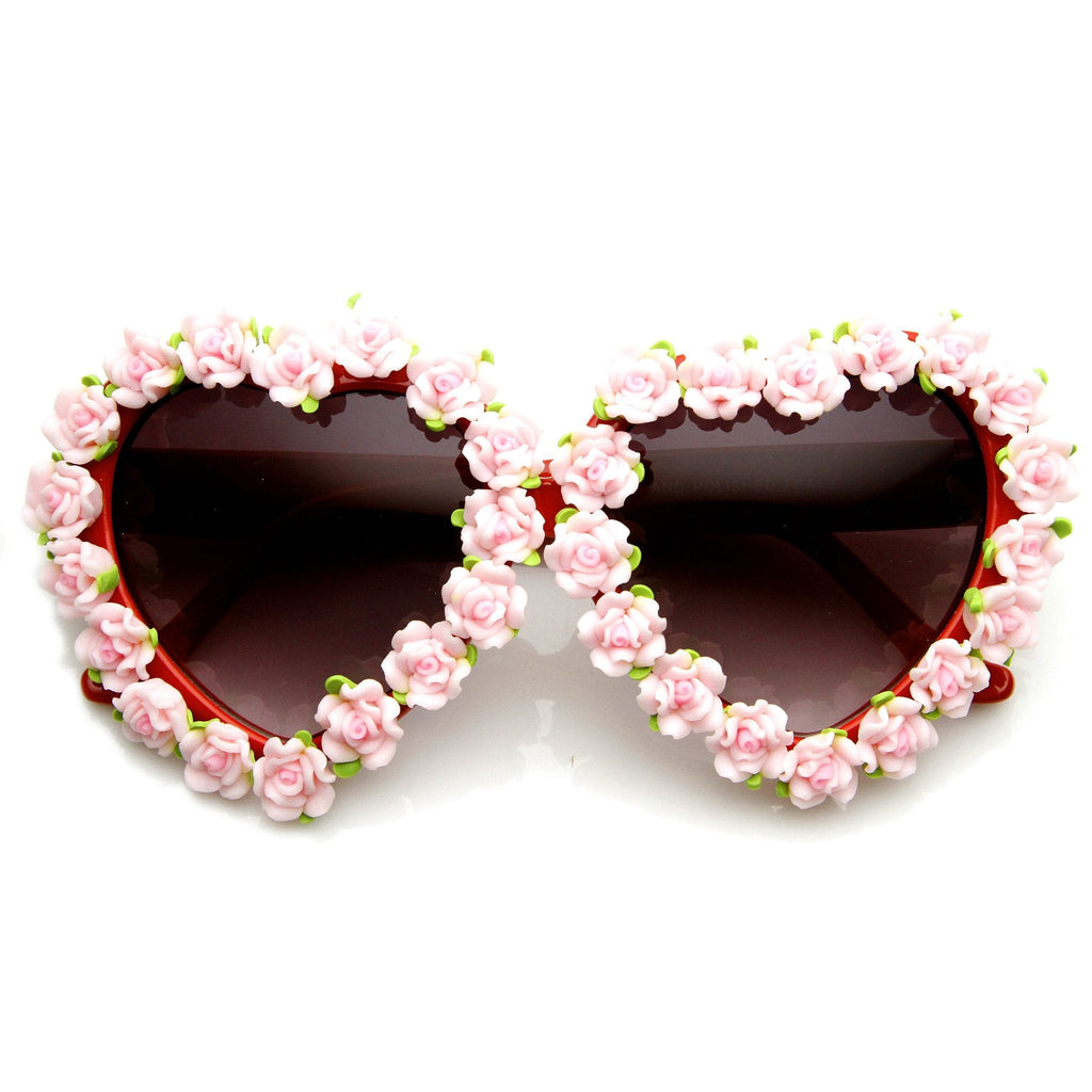 Womens Heart Shaped Flower Adorned Oversize Sunglasses 9197