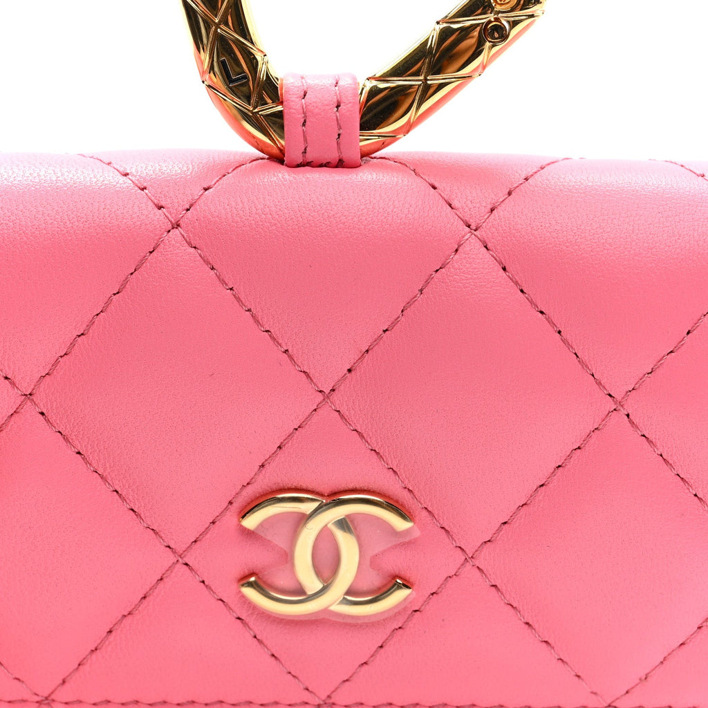 Lambskin Quilted CC Hook Card Holder Pink