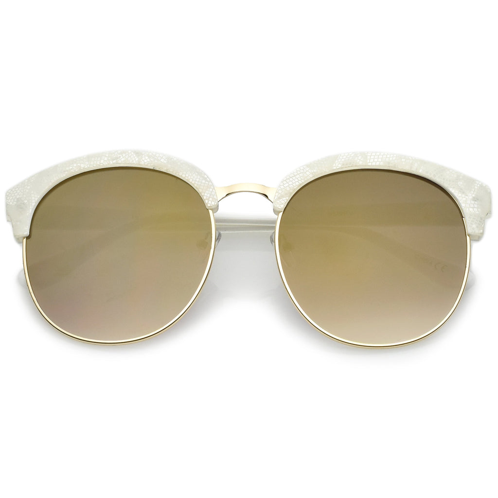 Oversize Metallic Lace Pattern Mirrored Lens Half Frame Sunglasses A548