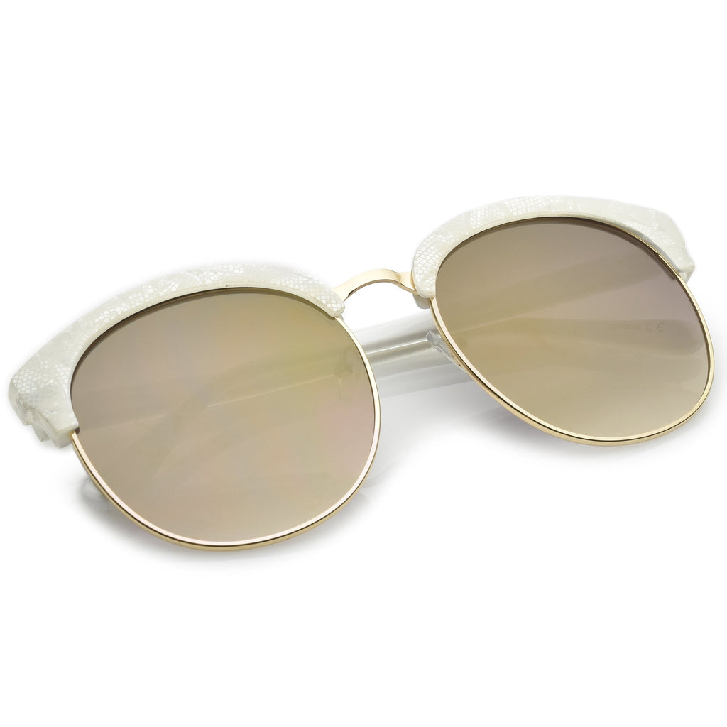 Oversize Metallic Lace Pattern Mirrored Lens Half Frame Sunglasses A548