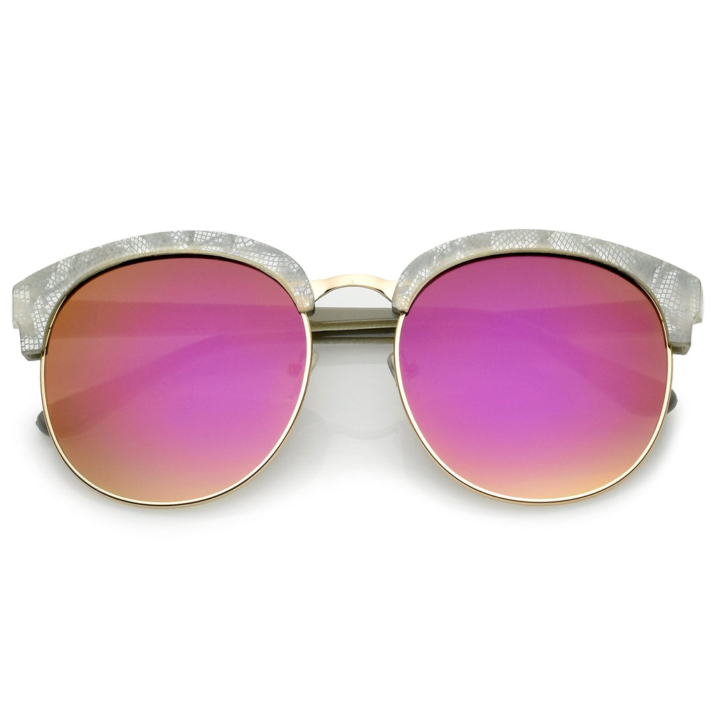 Oversize Metallic Lace Pattern Mirrored Lens Half Frame Sunglasses A548