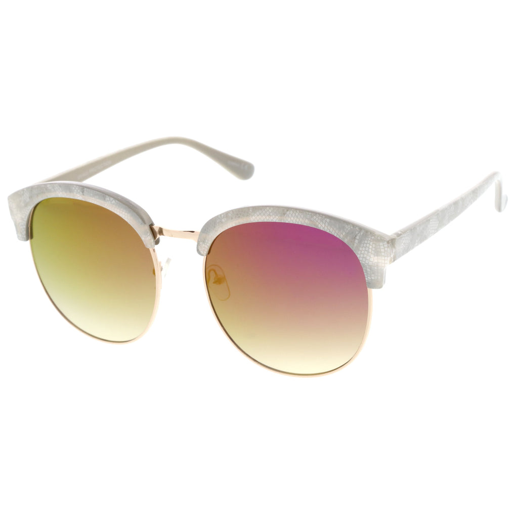 Oversize Metallic Lace Pattern Mirrored Lens Half Frame Sunglasses A548