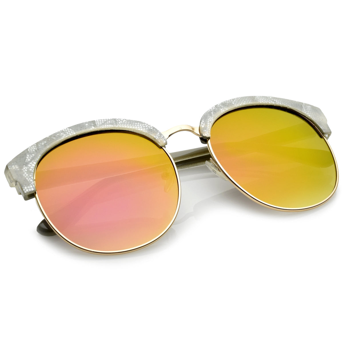 Oversize Metallic Lace Pattern Mirrored Lens Half Frame Sunglasses A548