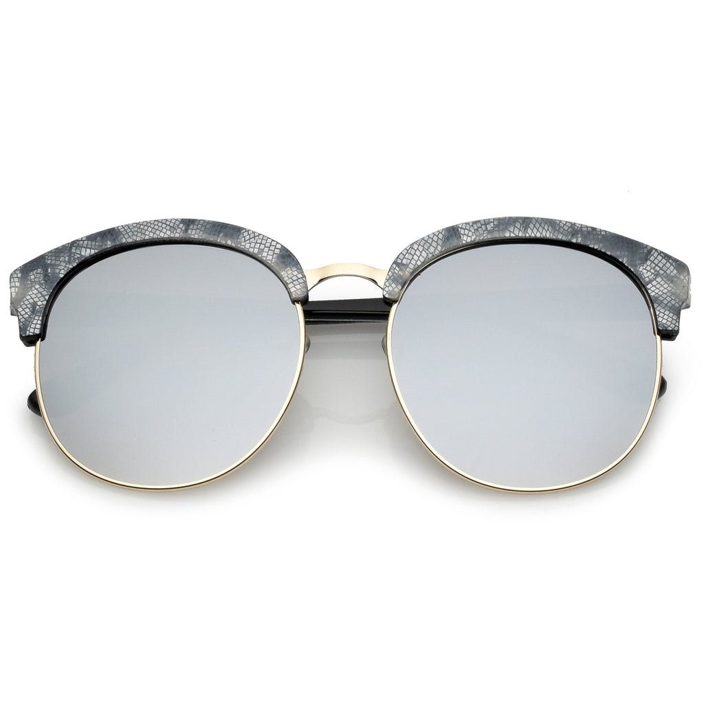 Oversize Metallic Lace Pattern Mirrored Lens Half Frame Sunglasses A548