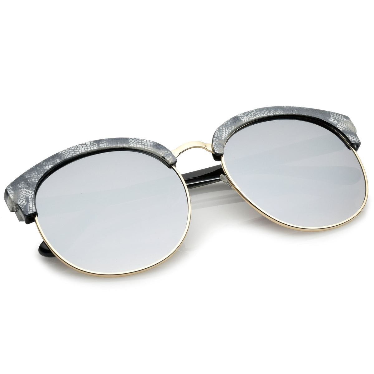 Oversize Metallic Lace Pattern Mirrored Lens Half Frame Sunglasses A548
