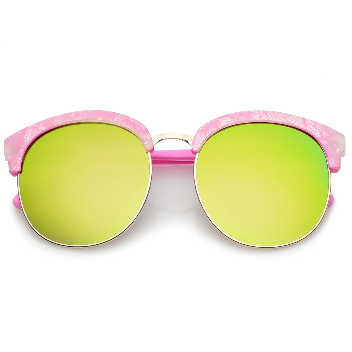 Oversize Metallic Lace Pattern Mirrored Lens Half Frame Sunglasses A548
