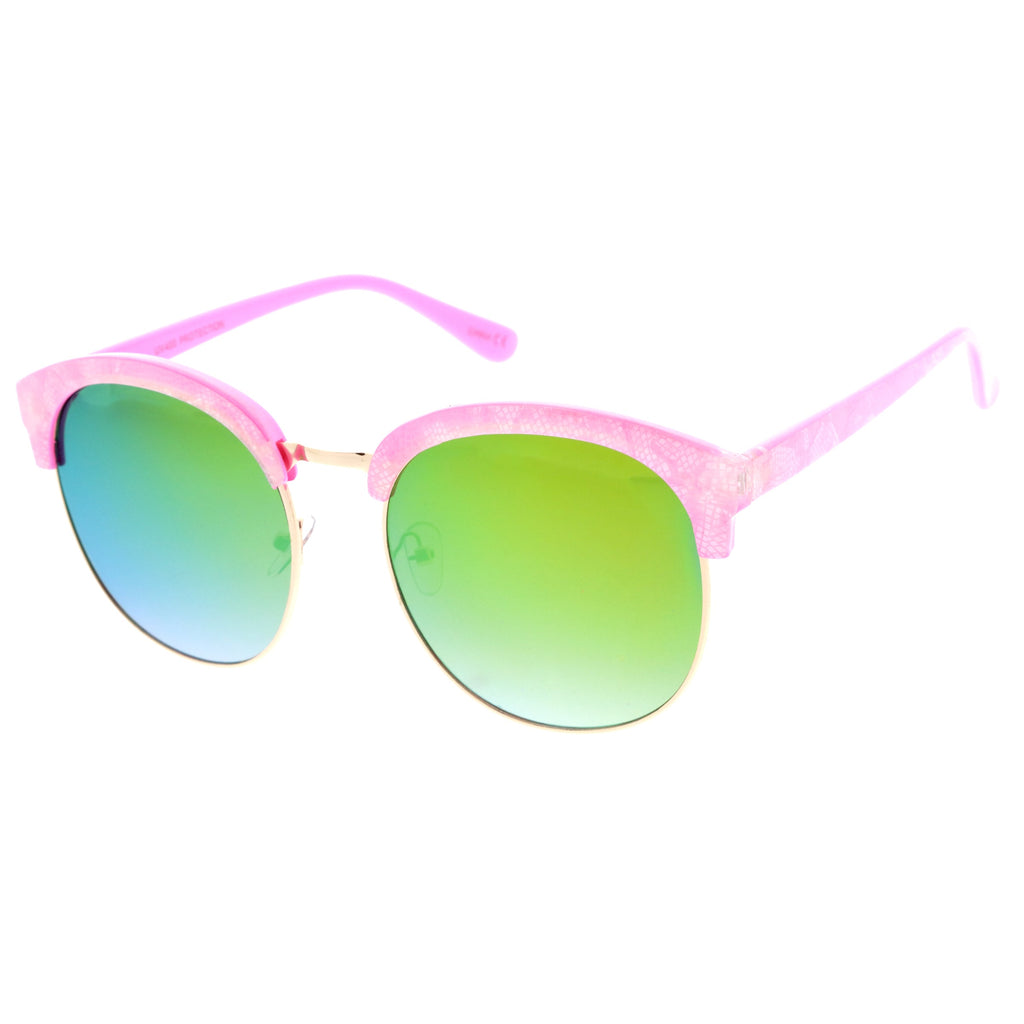 Oversize Metallic Lace Pattern Mirrored Lens Half Frame Sunglasses A548