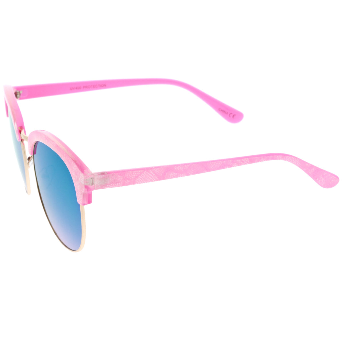 Oversize Metallic Lace Pattern Mirrored Lens Half Frame Sunglasses A548