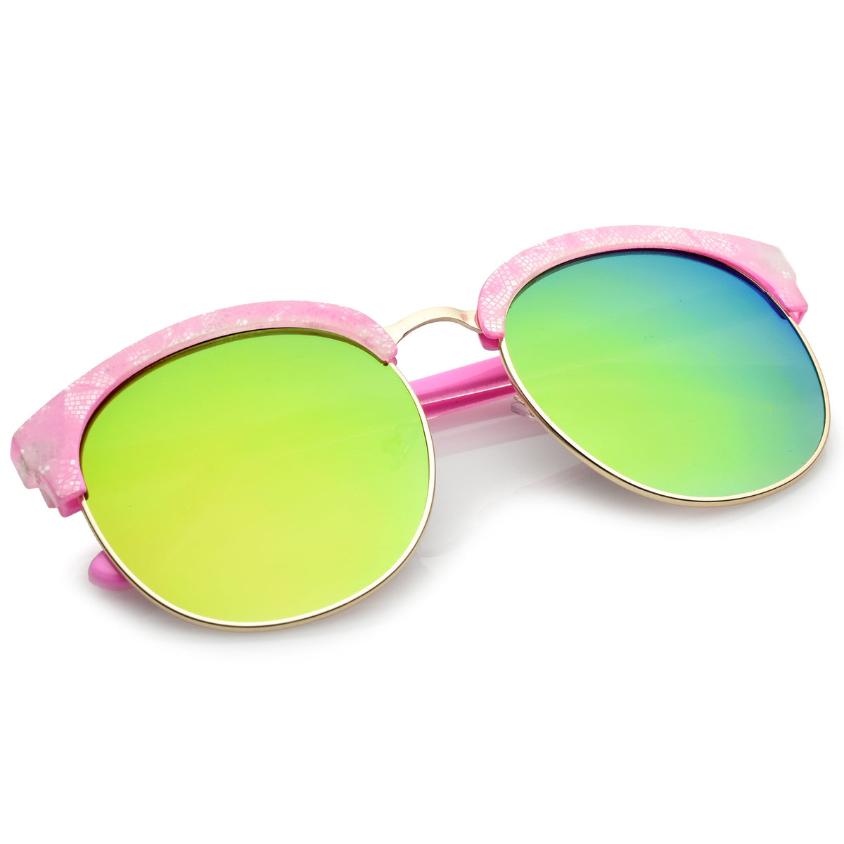 Oversize Metallic Lace Pattern Mirrored Lens Half Frame Sunglasses A548