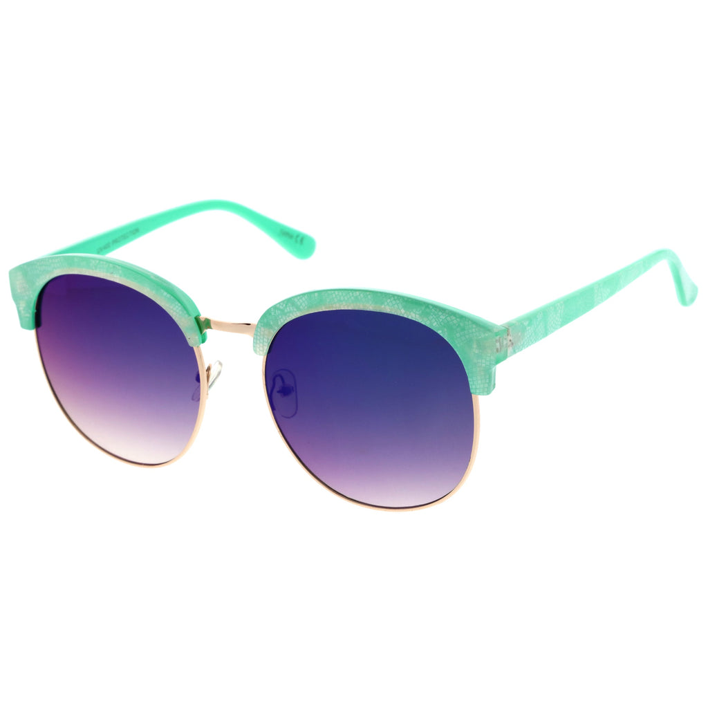 Oversize Metallic Lace Pattern Mirrored Lens Half Frame Sunglasses A548