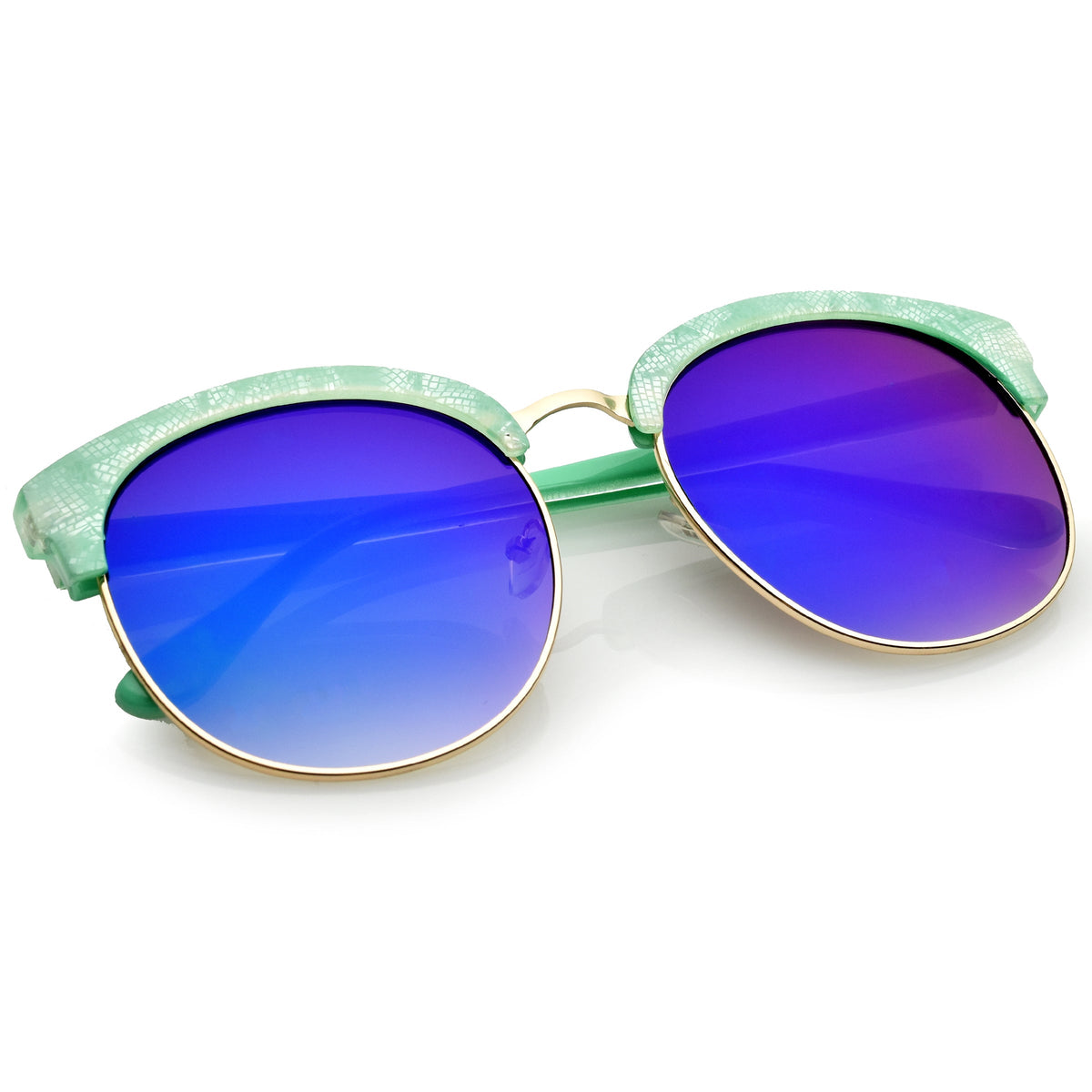 Oversize Metallic Lace Pattern Mirrored Lens Half Frame Sunglasses A548