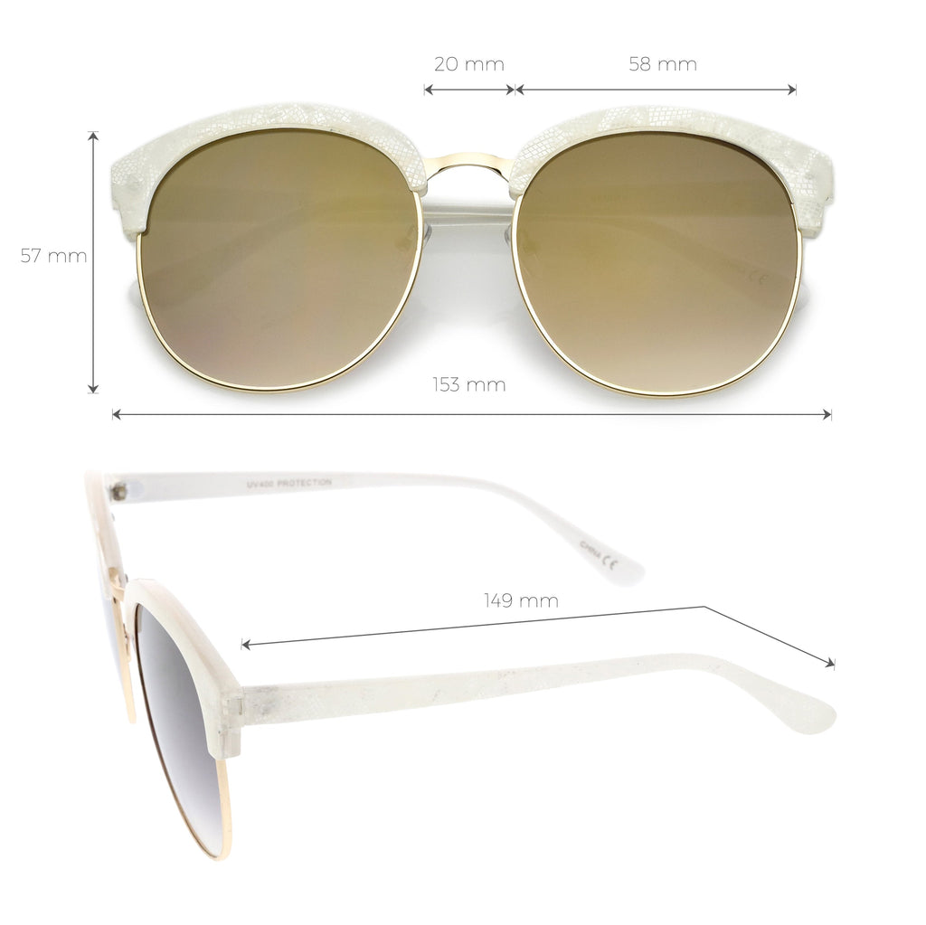 Oversize Metallic Lace Pattern Mirrored Lens Half Frame Sunglasses A548