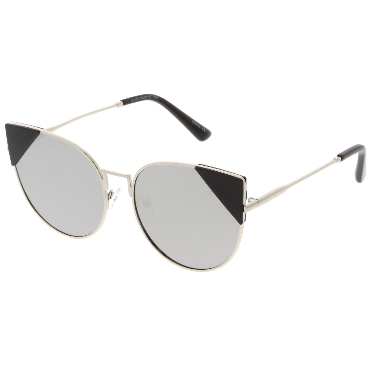 Women's Corner Accented Mirrored Flat Lens Cat Eye Sunglasses C342