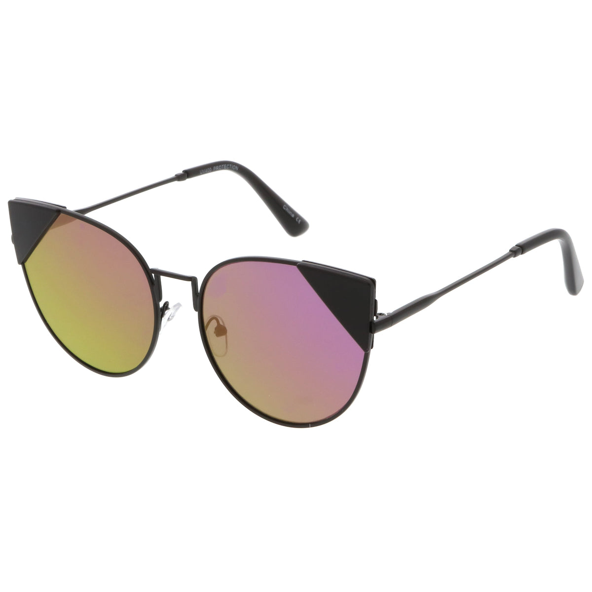 Women's Corner Accented Mirrored Flat Lens Cat Eye Sunglasses C342