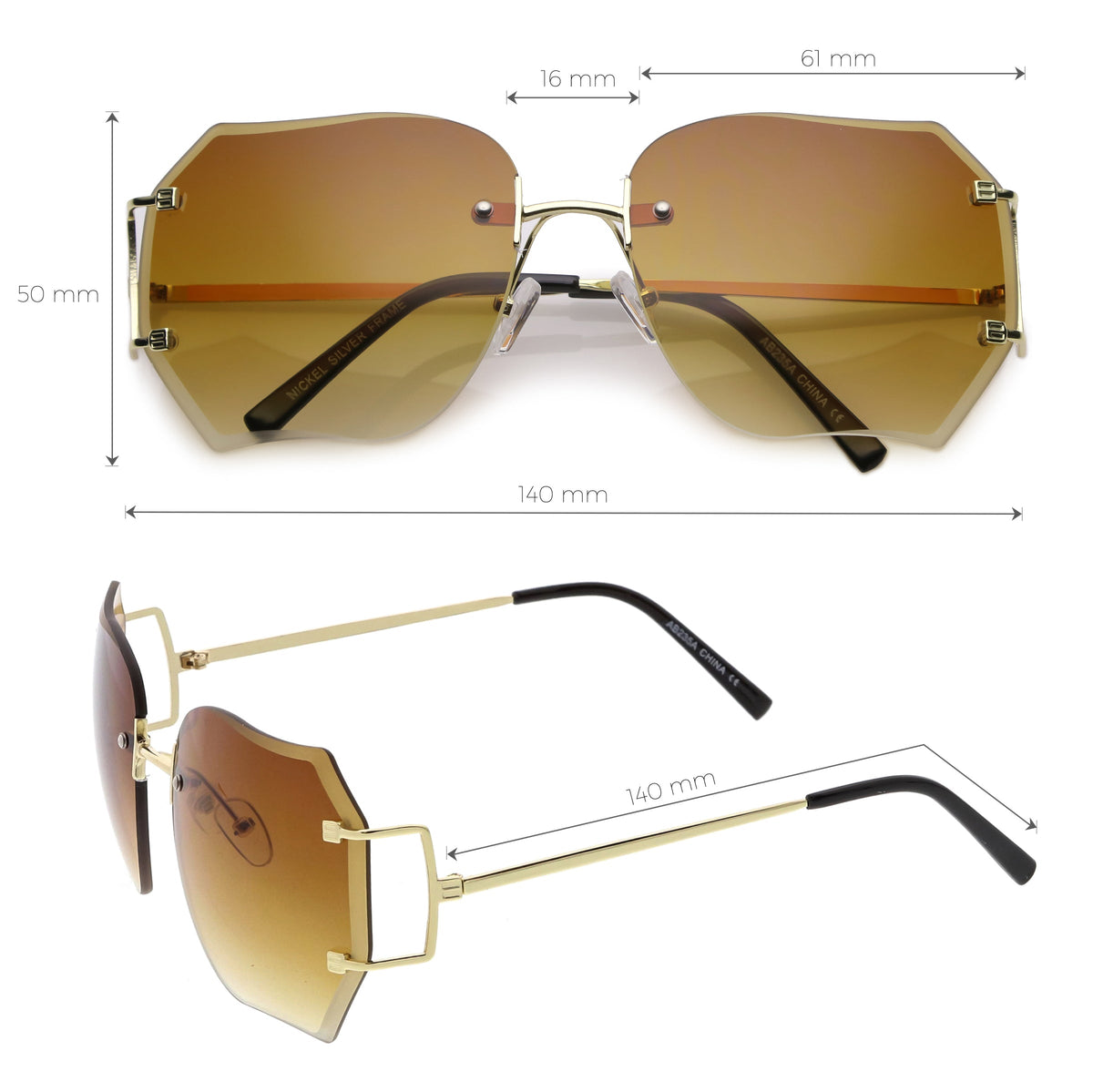 Oversize Full Rimless Beveled Gradient Lens Square Sunglasses C434