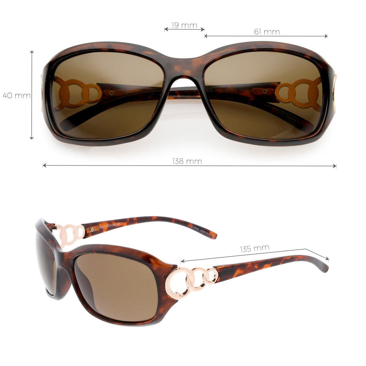 Oversize Metal Chain Accent Polarized Lens Rectangle Sunglasses C784