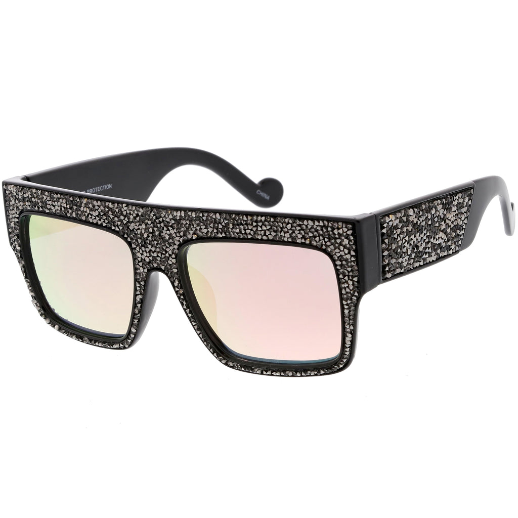 Women's Crystal Rhinestone Flat Top Mirrored Lens Sunglasses C880