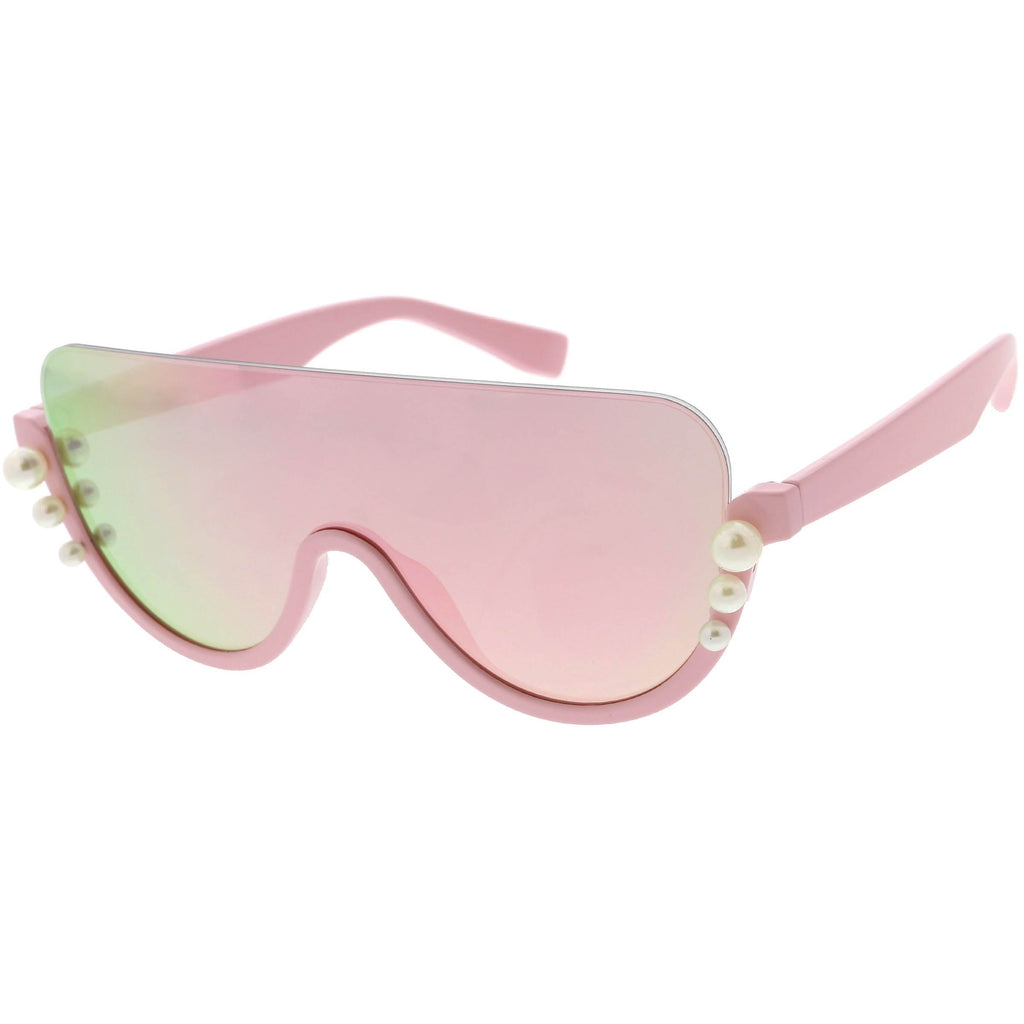 Oversize Rock Star Flat Top Shield Pearl Semi Rimless Sunglasses C966