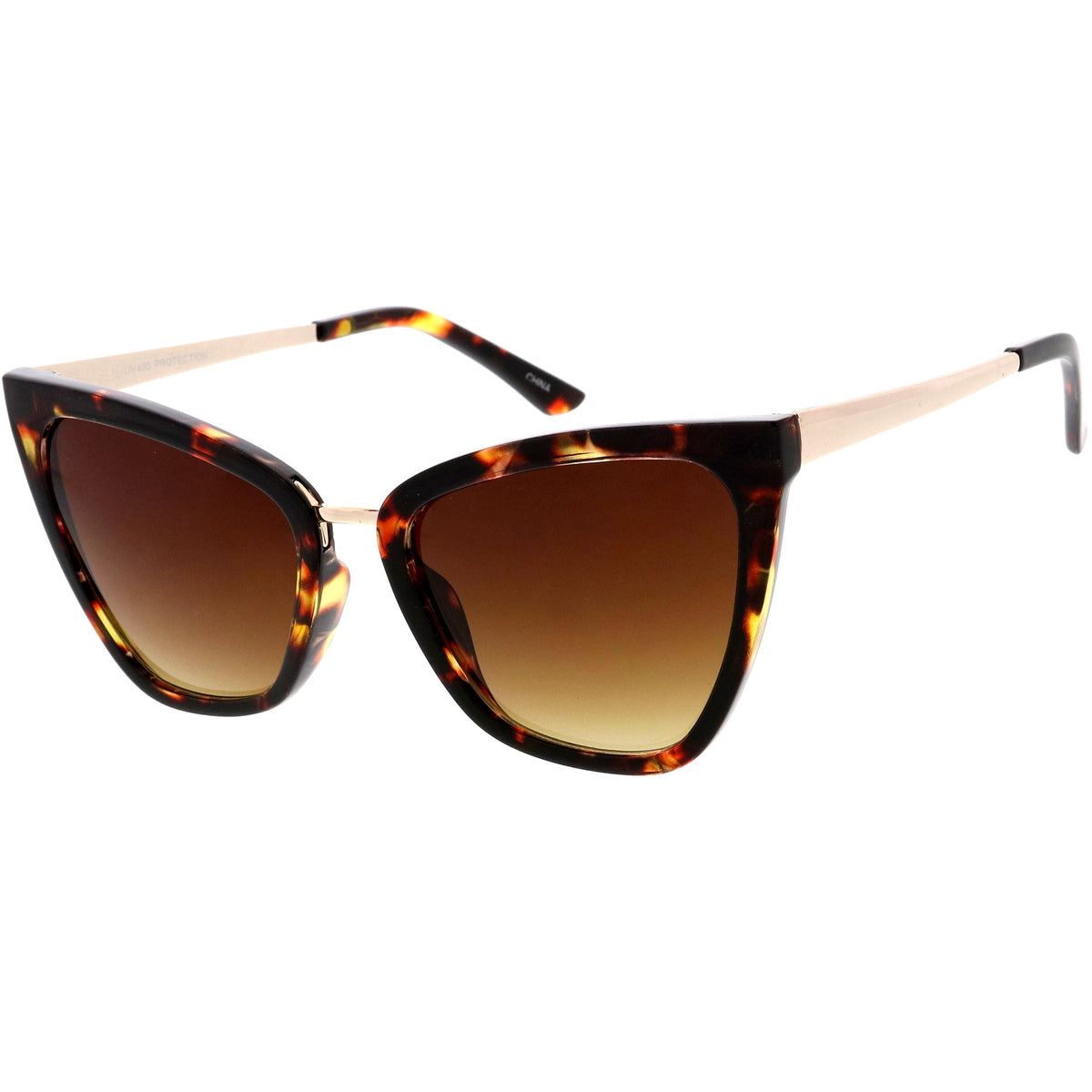 Oversize Two-Tone Metal Nose Bridge Accent Cat Eye Sunglasses D001