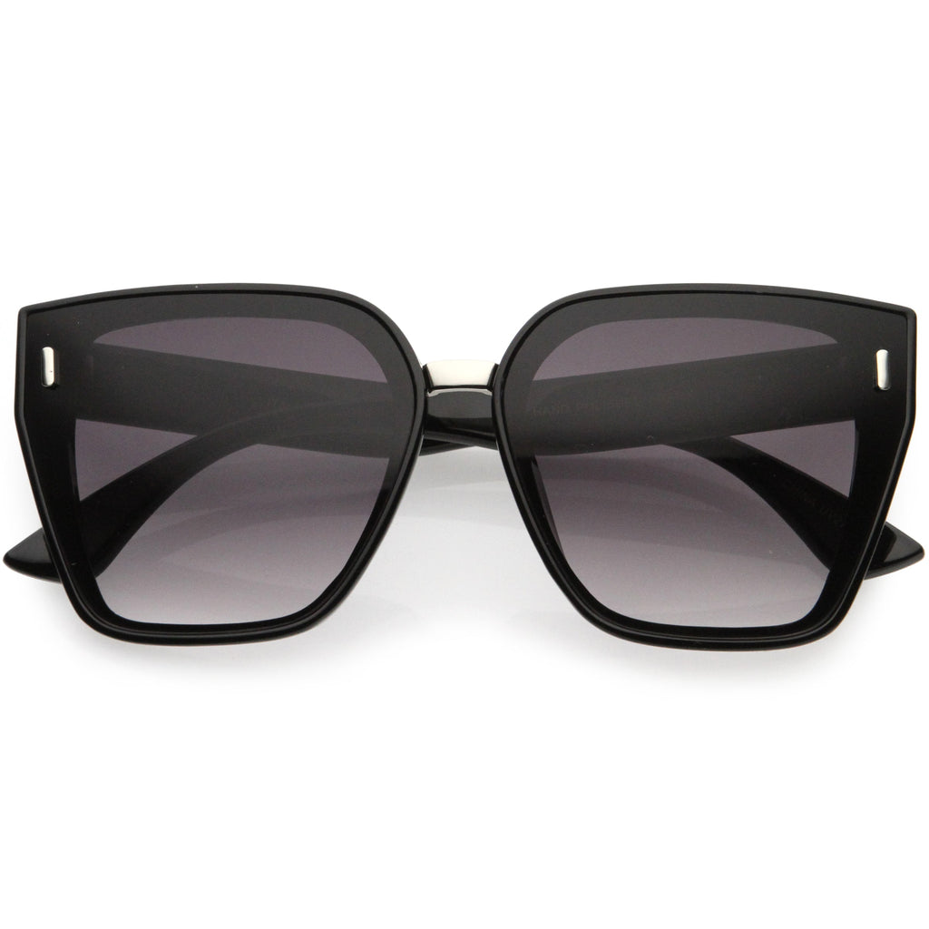 Posh Oversize Two-Tone Metal Nose Bridge Temple Rivet Accent Cat Eye Sunglasses D036