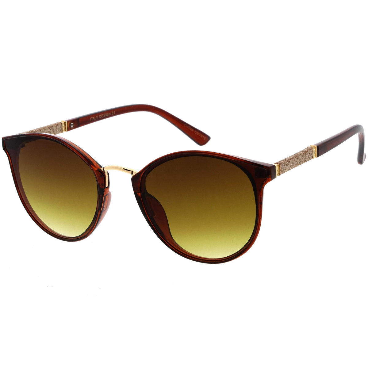 Flirty Two-Tone Glitter Arms Accent Chic Cat Eye P3 Round Sunglasses D037