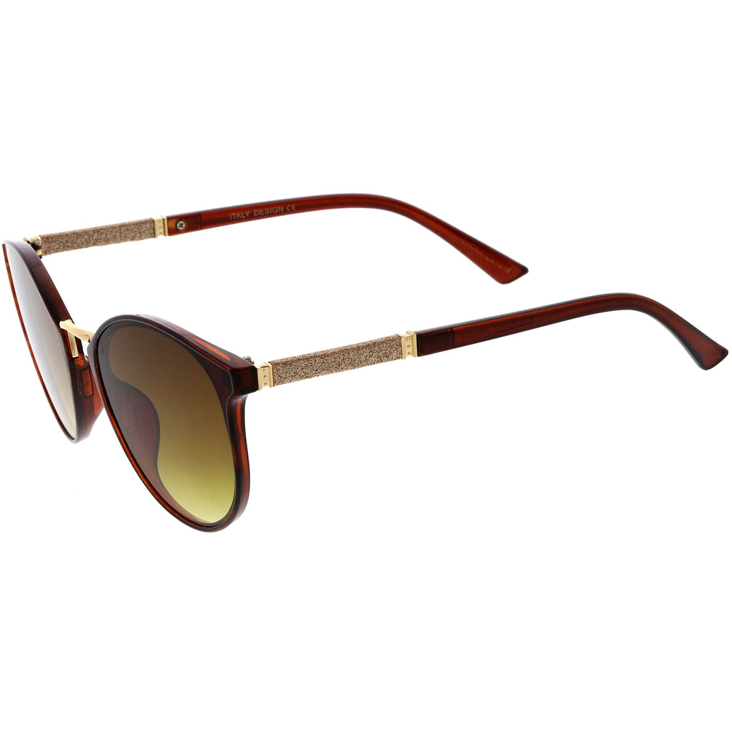 Flirty Two-Tone Glitter Arms Accent Chic Cat Eye P3 Round Sunglasses D037