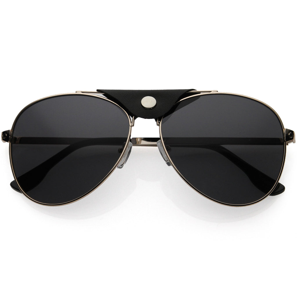 Button Snap Vegan Leather Crossbar Strap Teardrop Oversize Aviator Sunglasses D063