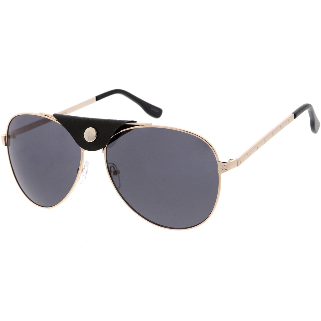 Button Snap Vegan Leather Crossbar Strap Teardrop Oversize Aviator Sunglasses D063