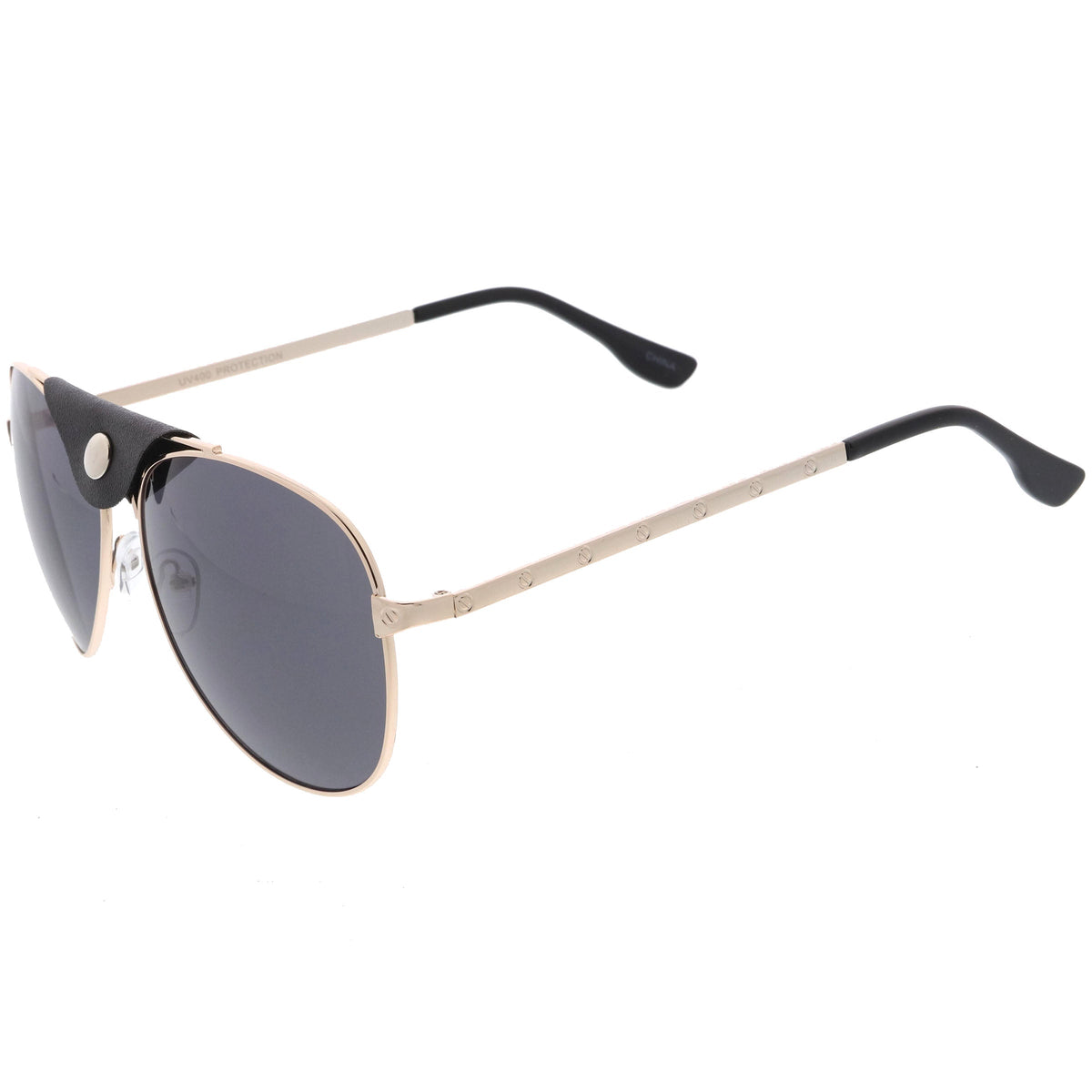 Button Snap Vegan Leather Crossbar Strap Teardrop Oversize Aviator Sunglasses D063