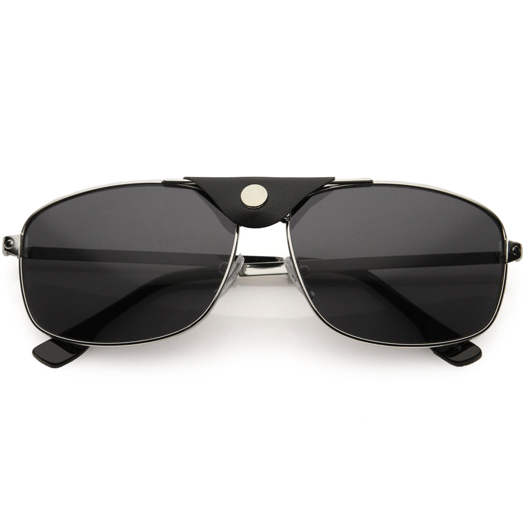 Button Snap Vegan Leather Strap Metal Crossbar Square Aviator Sunglasses D065