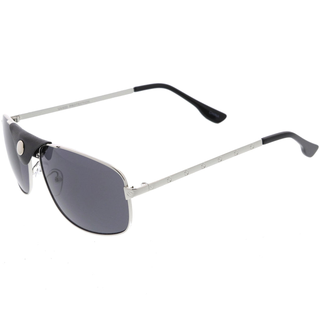 Button Snap Vegan Leather Strap Metal Crossbar Square Aviator Sunglasses D065