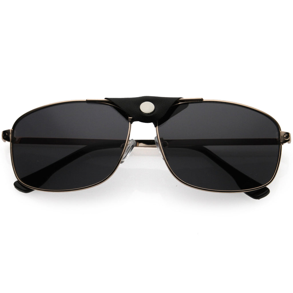 Button Snap Vegan Leather Strap Metal Crossbar Square Aviator Sunglasses D065