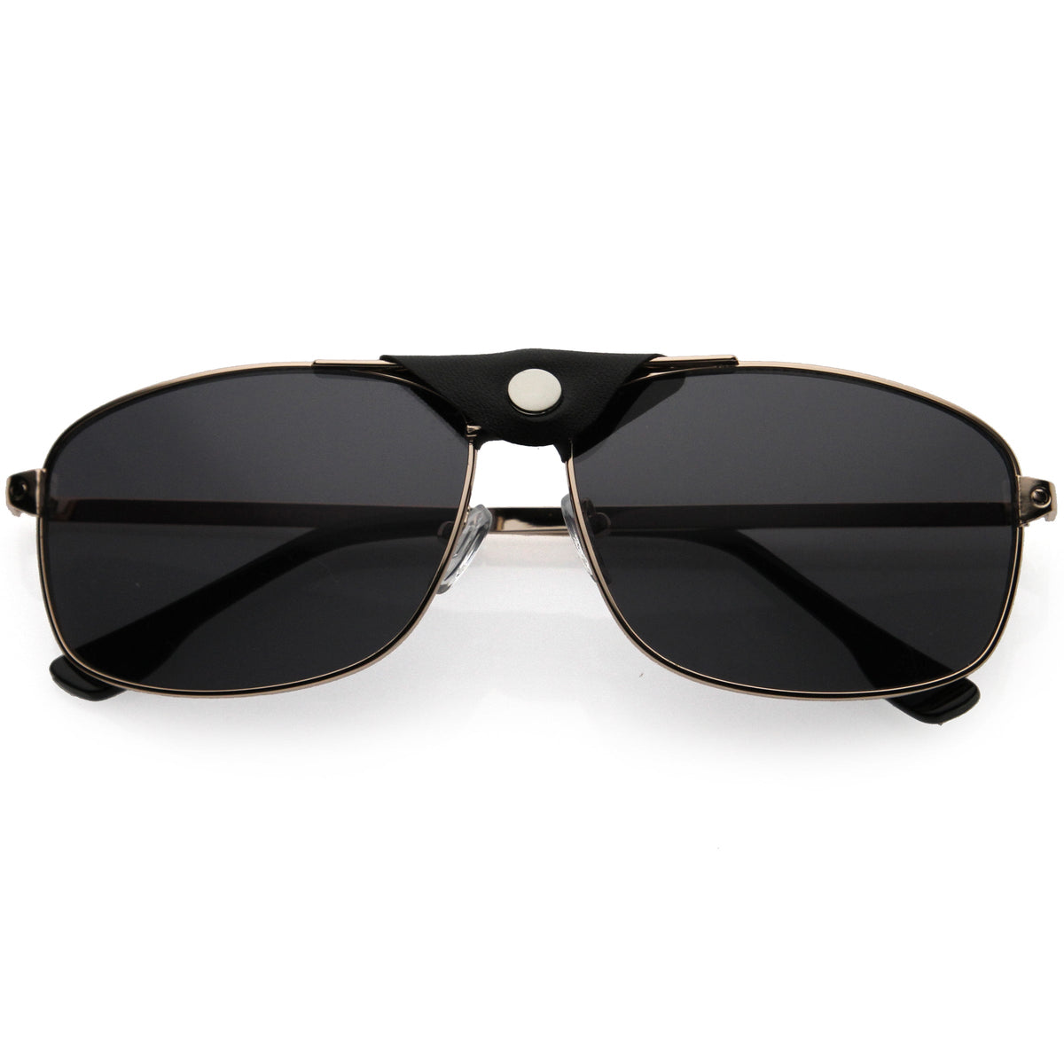 Button Snap Vegan Leather Strap Metal Crossbar Square Aviator Sunglasses D065
