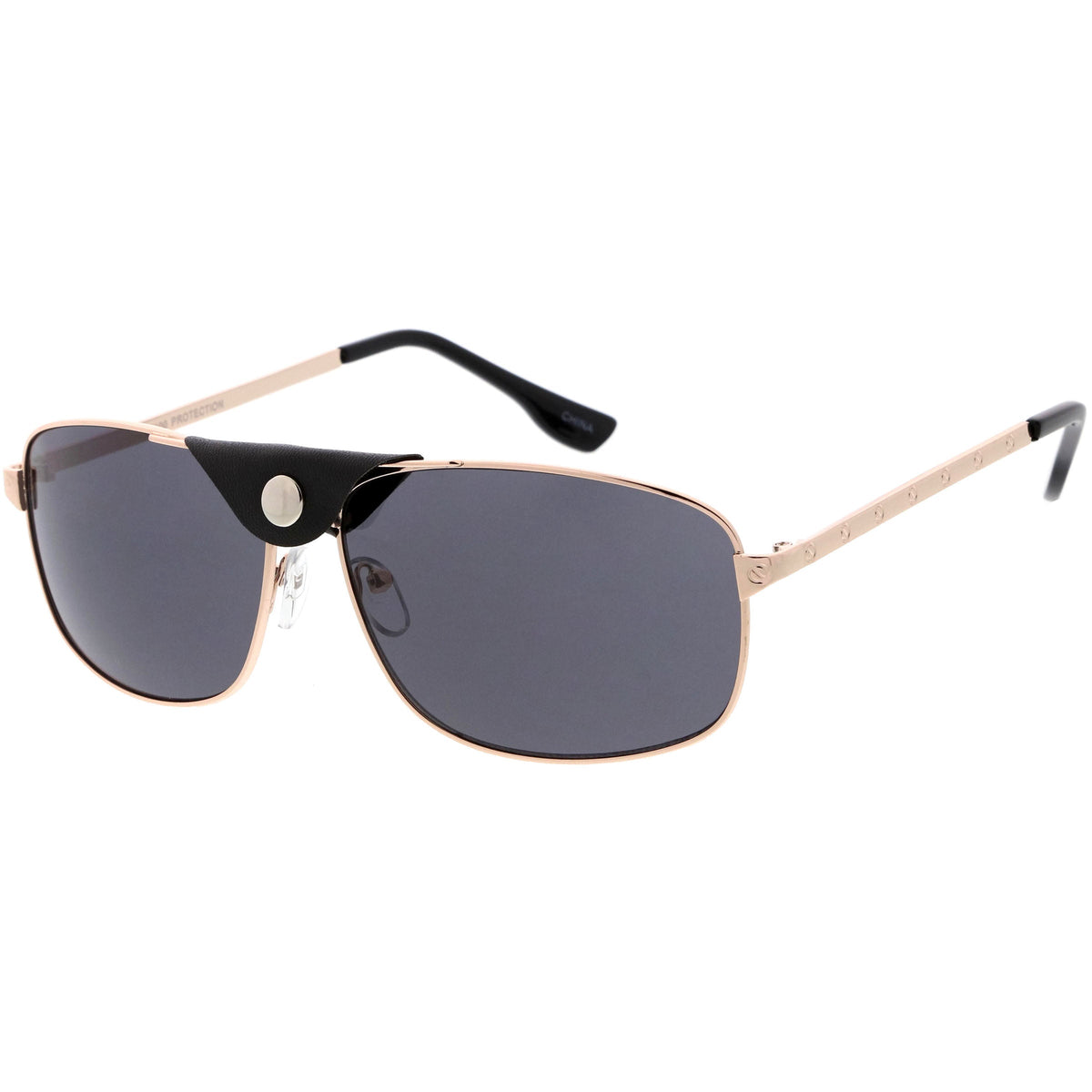Button Snap Vegan Leather Strap Metal Crossbar Square Aviator Sunglasses D065