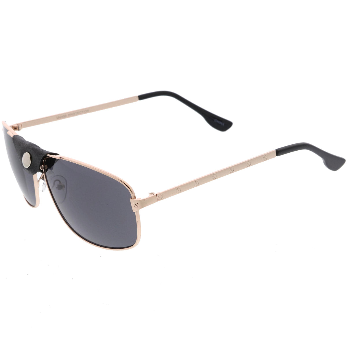 Button Snap Vegan Leather Strap Metal Crossbar Square Aviator Sunglasses D065